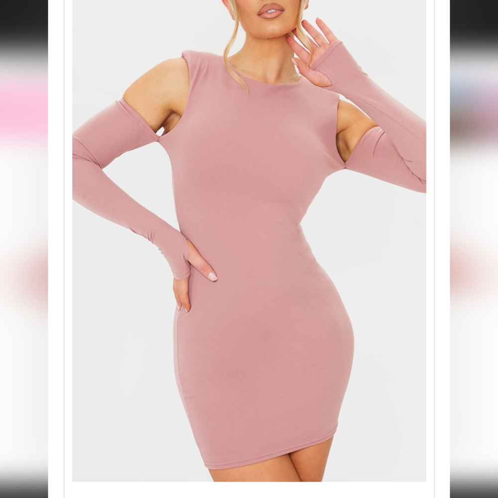 PLT Pink Dark Nude Shoulder Pad Cold Shoulder Thumb Hole Bodycon Dress 🩷🌸